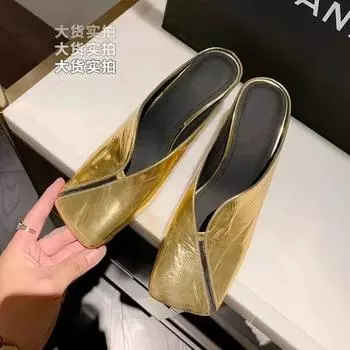 Fashion Square Toe Shallow Mules Stiletto High Heel Sexy Elegant Women s Slippers Golden Solid Genuine pu Casual Outdoor 35