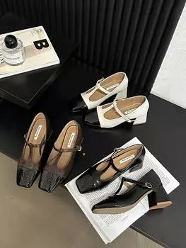 fashion Square Toe Women Pumps 2024 New Arrivals Black Brown Beige Square Mid Heeled Belt Buckle Dress Shoes Woman Pumps Size 35-39 5.5 чёрный
