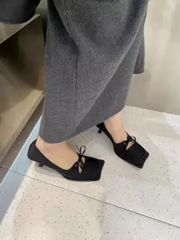 Модные туфли-лодочки с квадратным носком для женщин 2024 года. Новые поступления. Туфли-лодочки с бантом. Тонкие каблуки без застежек. Сексуальные туфли-лодочки для вечеринок. Черные, бежевые, повседневные. Вечеринка. 5.5 бежевый