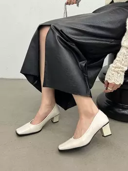 fashion Square Toe Women Pumps 2024 New Arrivals Fashion Ladies Dress Shoes Shallow Slip On Thick High Heels Pumps Autumn Office Shoes 5.5 чёрный
