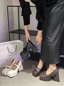 fashion Square Toe Women Pumps Office Party Dress Shoes Thick High Heels Ladies Casual Mules Shoes Belt Buckle Elegant Pumps Size 35-39 5.5 чёрный