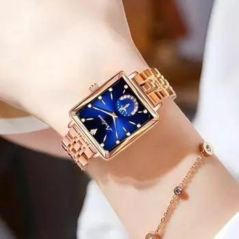 Fashion Square Women Diamond Set Sun Moon Stars Watch Stainless Steel Rose Gold Luxury Ladies Watch Quartz Clock