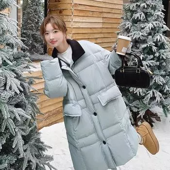 FASHION stand-up collar splicing medium and long down jacket women s 2024 winter new loose warm white duck jacket thickened large size Clothes S серый