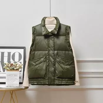 FASHION Station Легкий и тонкий пуховый жилет женский короткий 2024 зима новый свободный жилет жилет жилет жилет пуховик Одежда S чёрный