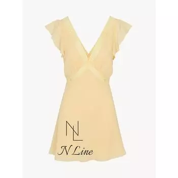 Fashion Straight-Cut Realisationpar Yellow Lace V-neck Patchwork Silk Skirt A- Shaped Skirt Dress Yellow XXS