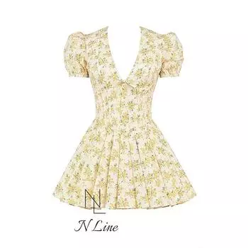 Fashion Straight House of CB 24 Sexy Pleated Cotton Thin Fabric Dress Swing Mini Dress Dress Yellow Flower L