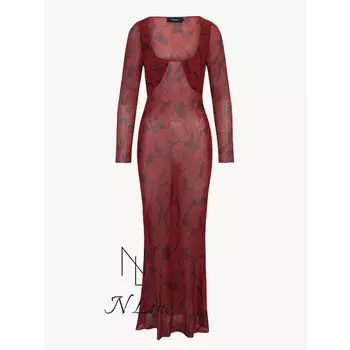 Fashion Straight Realisationpar French Style Square Collar Long Sleeve Elegant Silk Dress Print Dress Red Print L