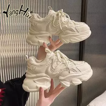 Fashion Street Style Thick Bottom Increase Anti-slip Comfortable Sports Sheos 2024 Fashion Simple All-match Solid Color Sneaker Autumn 35 бежевый