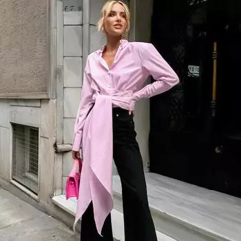 Fashion Striped Lace Up Shirt Women Spring Autumn Elegant Lapel Long Sleeve Patchwork Button Slim Chic Blouses Office Lady New S розовый