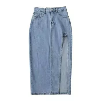 Fashion Style 2023 New Arrival Women s Clothing Slim Looking Easiest for Match High Waist Stretch Side Slit Mid-Length Denim Skirt Light Blue L