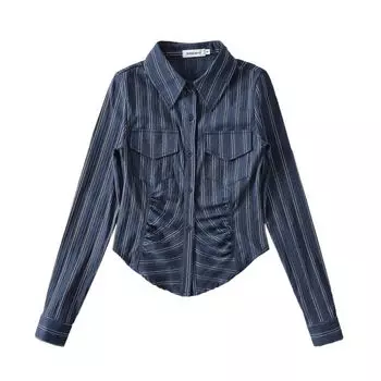 Fashion Style 2023 Spring New Arrival Women s Elegant Slimming Sense of Design Slim-Fit Short Long Sleeve Versatile Pocket Shirt Navy S