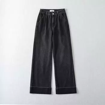 Fashion Style 2023 Spring/Summer New Arrival Women s Clothing Stylish Loose All-Matching Wide Leg Curved-Edge High Waist Denim Trousers Black S