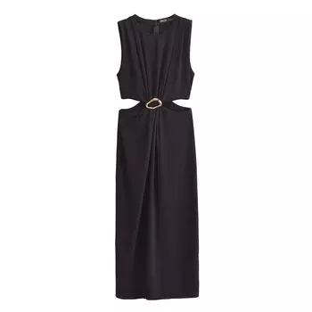Fashion Style 2024 Autumn New Women s Clothing Open Design Buckle Decoration Black Sleeveless Dress 2298176 Black S