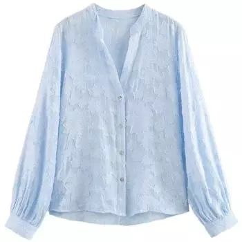 Fashion Style 2024 Autumn New Women s Burnt Flower Printed Patchwork Long Sleeves Lapel Shirt 3564158 Light Blue XS
