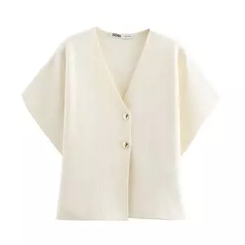 Fashion Style 2024 Autumn New Women s Clothing Easiest for Match Plain Stitch Short Sleeve V-neck Sports Knitting Jacket 4192101 White L