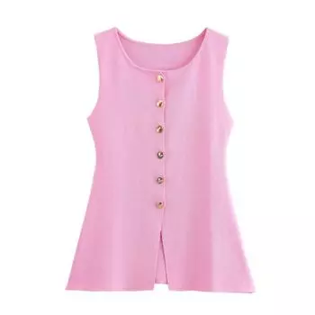 Fashion Style 2024 Autumn New Women s Clothing Stylish Easiest for Match Golden Button Plain Stitch Vest 4192100 Pink M