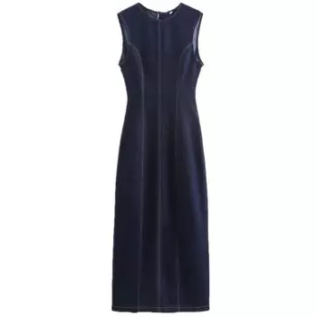 Fashion Style 2024 Fall and Winter New Women s Clothing All-Matching Jeans Sleeveless round Neck Midi Skirt Dress 6147163 Blue XS