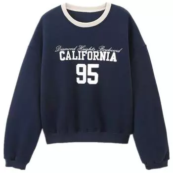 Fashion Style 2024 Fall and Winter New Female Preppy Style Crew Neck Casual Loose Floral Print Long Sleeve Pullover 3199811 Navy L