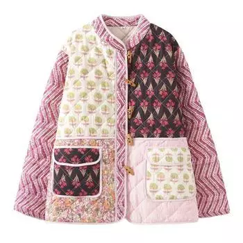 Fashion Style 2024 Fall and Winter New Arrival Women s Clothing Versatile Stand Collar Print Quilted Cotton Loose Casual Patchwork Cotton Coat Jacket Pink L