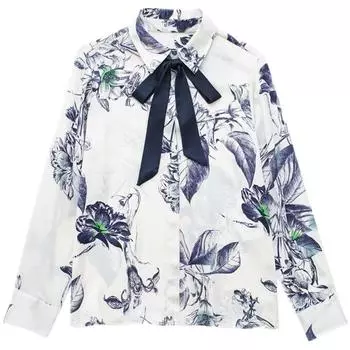 Fashion Style 2024 Spring New Arrival Easiest for Match Chiffon Drape Bowknot Decoration Print Shirt 2345115 070 Picture color XS