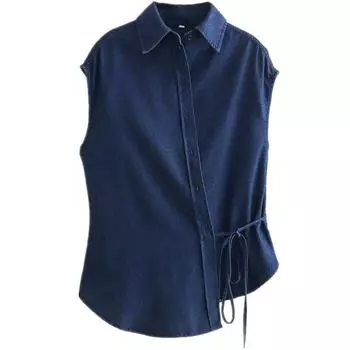 Fashion Style 2024 Spring New Arrival Women s Slim Fit Stomach Blanket Style Cover Shoulder Sleeve Denim Shirt 1222516 Blue L