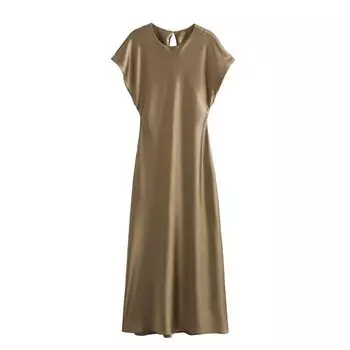 Fashion Style 2024 Spring New Arrival Women s Graceful and Fashionable Silk Satin Texture Midi Skirt Dress 2157238 706 Deep khakis XS