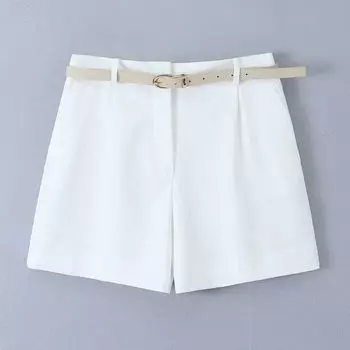 Fashion Style 2024 Spring New Arrival Women s Clothing Versatile Belt Pleated Bermuda Wide Leg Shorts 4387074 White S