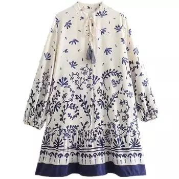 Fashion Style 2024 Spring New Women s Clothing Elegant All-Matching Printed Mini Dress 9878101 080 Blue M