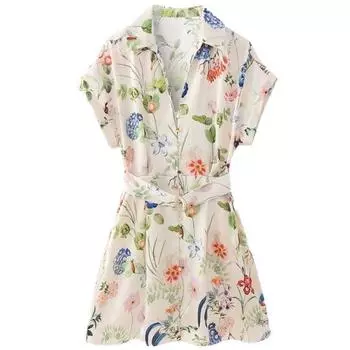 Fashion Style 2024 Spring New Women with Belt Flowers Print Silk Satin Texture Mini Dress 2949149 Picture color XS
