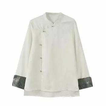 Fashion Style 2024 Spring/Summer New Arrival Women s Clothing Stylish Easiest for Match National Style Slimming Patchwork Cufflinks Jacquard Shirt White 2XL
