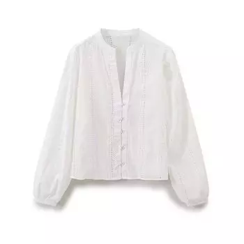 Fashion Style 2024 Spring/Summer New Arrival Breasted Closed V-Shaped Neckline Long Sleeves round Neck Cut Out Embroider Tops 8741045 White L