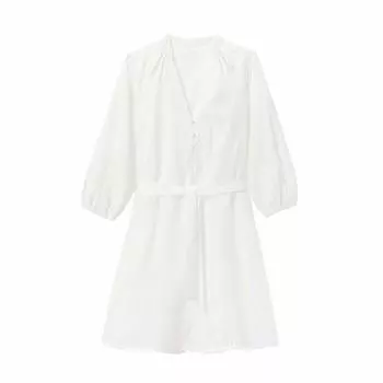 Fashion Style 2024 Summer New Arrival Blue Laced Adhesive Embroider Decorative Poplin Dress 2492058 403 White S