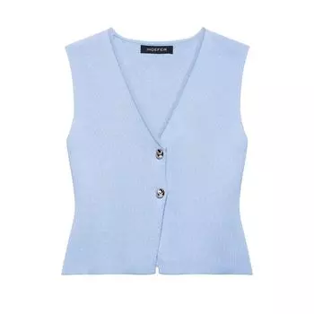 Fashion Style 2024 Summer New Arrival Women s Elegant Gold Button V Neck Sleeveless Knitting Vest Jacket 4192015 Blue Tops L