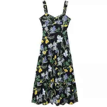 Fashion Style 2024 Summer New Arrival Women s Clothing Temperament Wild Flowers Print Midi Skirt Dress 2157052 Picture color S