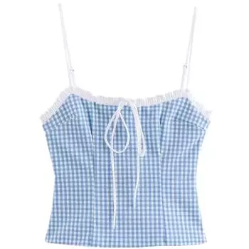 Fashion Style 2024 Summer New Women s Sling Easiest for Match Plaid Gingham Short Top 3152019 044 Blue XS