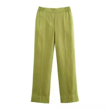 Fashion Style 2024 Summer Women s Pure Linen Drawstring Waist Short Sleeve Shirt High Waist Straight Pants 3436707 800 Bright Green pants L