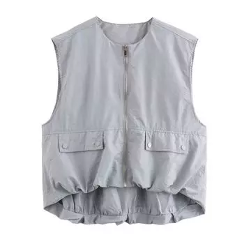 Fashion Style 2024 Summer Women s Waistcoat round Neck Sleeveless Commute Leisure Ruched Hem Cotton Vest 7864386 Grey L