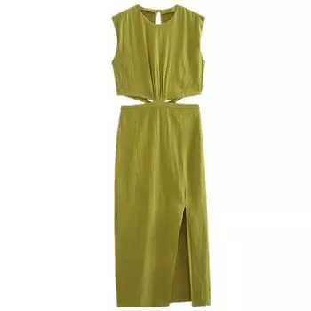 Fashion Style Amoi Fashion Trendy Women s Linen Blend Opening Design Midi Skirt Dress 7901939 510 Yellow green color L