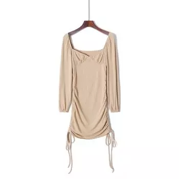 Fashion Style Girls Pleating Square Collar Long Sleeve Rayon Dress Chest-Flattering Stretch Slim-Fit Sheath Sexy Short Dress Khaki S