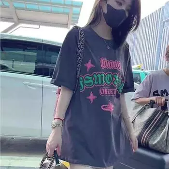 Fashion Style Gray Series Short-Sleeved T-shirt Female Summer 2024 New Arrival Loose Large Version Trendy American Retro Tops