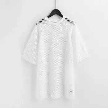 Fashion Style New Arrival Mid Length Long Length Loose Mesh Dress Cut Out Hole Ventilation Travel Outfit Short Sleeve Overskirt White XL