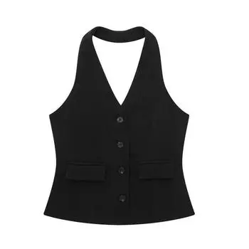Fashion Style New Arrival Women s Clothing Stylish All-Match Backless Hanging Collar Vest Pleated Wide Leg Pants 8364532 251 Black Tops S