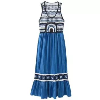 Fashion Style New Fashion Trendy Women Crochet Knitting Sleeveless round Neck Patchwork Dress 3653104 400 Blue XS