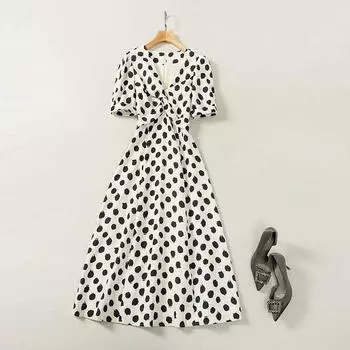 Fashion Style Polka Dot Dress Star Same Style 24 Summer V Neck Puff Short Sleeve Fashion Pleated Cinched Mid-Length Dress Black and white polka dot M