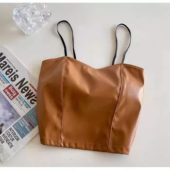 Fashion Style Pu Camisole Leather Vest Tube Top Short Top Women s Summer Special-Interest Design American Sexy Wear T2-reddish brown S