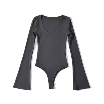 Fashion Style Pure Desire Long Sleeve Flared Sleeves Crotch Women s T-shirt Stretch Silm Pure Color Scoop One-Piece Jumpsuit Dark gray S