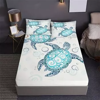 Fashion Style Sea Turtle Print Fitted Sheet Set Mattress Covers Comfortable Breathable Bedding Set With Deep Pocket For Bedroom Twin99x190cm бежевый