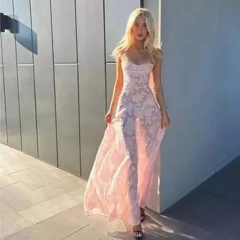 Fashion Style Sexy Fashion Summer New Arrival Women s Clothing Elegant Dress Large Swing Hollow Thin Elegant Lace Fashion Pink L