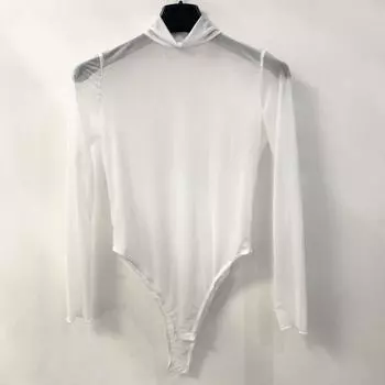 Fashion Style Sexy Mesh See-through One-Piece Female T-shirt Long Sleeve Turtleneck Thin Stretch Crotch One-Piece Sexy Tops White L