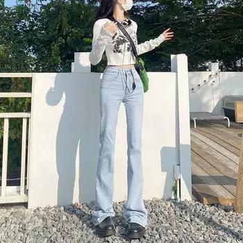 Fashion Style Spring and Summer Clothing High Waist Slightly Flared Jeans Light blue pants (158-165) S